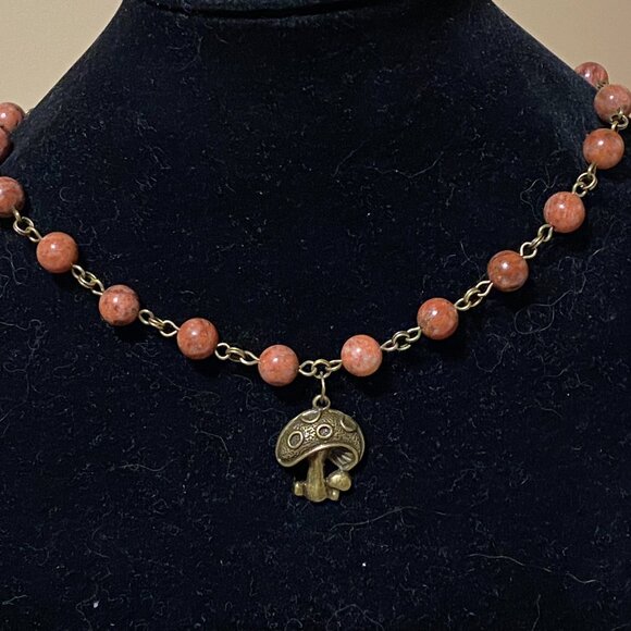 Genuine Red Jasper Short Necklace, Cute Bronze Round Mushroom + Natural Gemstone - Picture 3 of 14